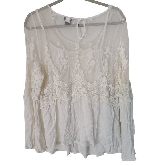 Torrid Womens 0X Off White Sheer Lace and Plisse Peplum Embroidered Floral Tunic - Picture 8 of 8